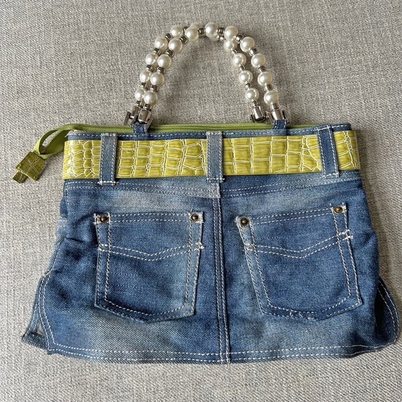 Fun Cute Denim purse with green belt and pearl handle - Picture 2 of 9